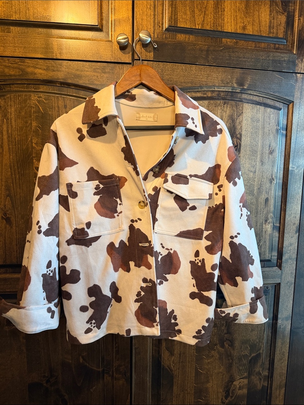 Altar'd State Cream and Brown Cow-Print Button-Down Shirt Jacket